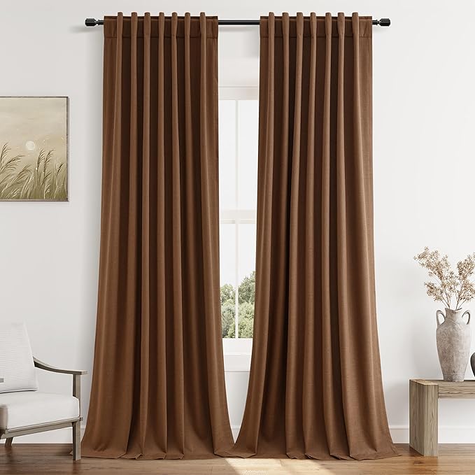 Guken 100% Blackout Linen Curtains 102 Inch Length 2 Panels Set for Living Room Bedroom Back Tab Thermal Insulated Black Out Drapes Room Darkening Window Curtains,Caramel Brown