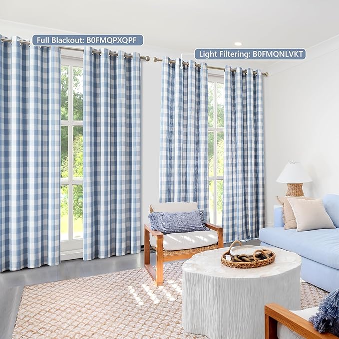 Amzdecor Buffalo Plaid Check Full Blackout Curtains Woven Checkered GEO Thermal Insulated Energy Efficient Drapes Grommet 2 Layers Window Treatment for Bedroom Living Room,2 Panels,52"x90",Blue White