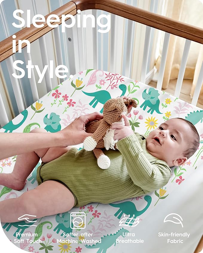 TotBasic Dinosaur Pack N Play Sheets Fitted, Ultra Soft Mini Crib Sheets for Boy, Premium Jersey Knit Pack and Play Sheets, Stretchy Neutral Play Yard Sheets for Pack and Play Mattress, 2 Pack