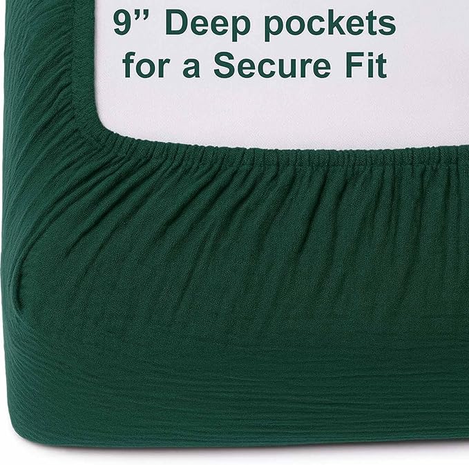 PET REJOIR 2 Pack Emerald Green Muslin Crib Sheets for Boys & Girl- Neutral Breathable Cotton Crib Mattress Sheets Fitted for Standard 28"x 52"- Nursery Décor No Slip Bed Sheets