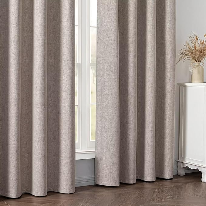 100% Blackout Curtains 96 inch Length 1 Panel Faux Linen Long Drapes for Bedroom Living Room Black Out Room Darkening Curtain Thermal Insulated Back Tab Rod Pocket(W70 x L96, Light Beige)
