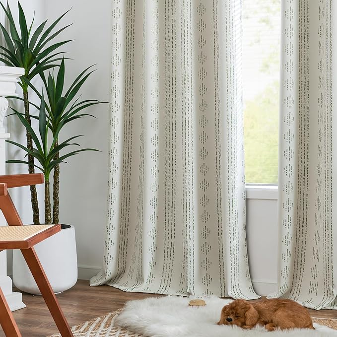 jinchan 95% Blackout Boho Curtains 84 Inch Length for Bedroom Living Room Sage Green on Beige Geometric Printed Grommet Top Room Darkening Thermal Insulated Window Drapes 2 Panels
