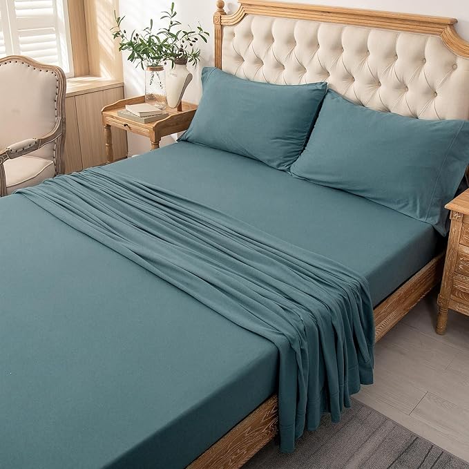 PURE ERA Jersey Knit 3pc Bed Sheet Set 100% T-Shirt Cotton Super Soft Comfy Breathable Fits Mattress Up to 20" Extra Deep Pocket (Solid Cerulean Blue,Twin)
