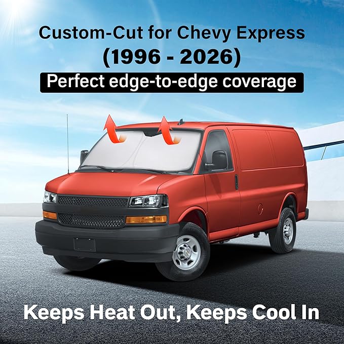 EcoNour Windshield Sun Shade Compatible for Chevrolet Chevy Express 1500 2500 3500 4500, 1996–2024 2025 2026 | Custom Fit Van Front Window Sunshade | Foldable UV & Heat Blocker | Reflective Sun Visor