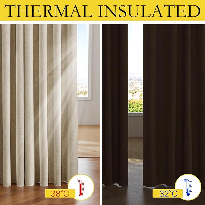 NICETOWN Cream 100% Blackout Linen Curtains for Bedroom 84 inches Long, Farmhouse Thick Linen Blend Window Treatments Thermal Insulated Drapes for Apartment Living Room (1 Pair, 52" Width per Panel)