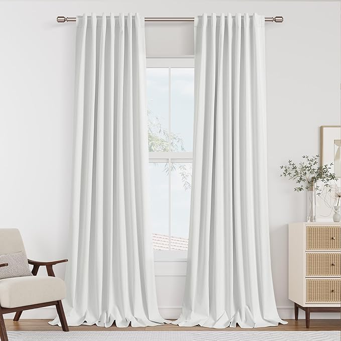 Guken White 100% Blackout Linen Curtains 100 Inch Length 2 Panels Set for Living Room Bedroom Back Tab Thermal Insulated Black Out Linen Drapes Room Darkening Window Curtains