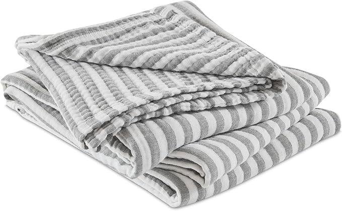EMME Cotton Muslin Queen Blanket Bed Layering Bedspread Coverlet Breathable Gauze Soft Lightweight Adults (Striped Grey, 90"x90")