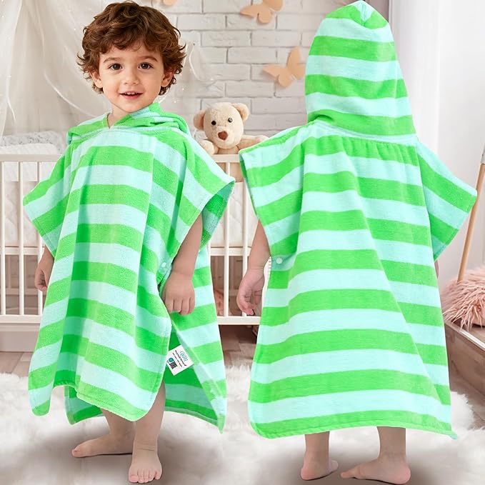 Toddler Poncho Towels with Hood, Oversized (2-4Years,22"X22") Made from 100% Soft Cotton,Absorbent Hooded Towels for Baby Boys,Perfect for Pool | Swimming | Bath | Beach,Green Bar Stripe