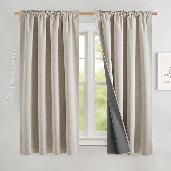NICETOWN Natural Short 100% Blackout Curtains 63" Lenghth Burg for Kitchen, Burlap Linen Drapes with Thermal Insulated White Liner, Keeping Out Cold Air and Heat Panels (Set of 2, 52" Width)