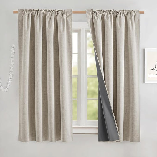 NICETOWN Natural Short 100% Blackout Curtains 63" Lenghth Burg for Kitchen, Burlap Linen Drapes with Thermal Insulated White Liner, Keeping Out Cold Air and Heat Panels (Set of 2, 52" Width)