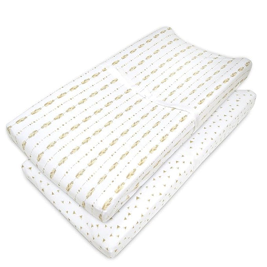 American Baby Company 2 Pack Printed 100% Cotton Knit Fitted Contoured Changing Table Pad Cover - Compatible with Mika Micky Bassinet, Taupe Feathers and Triangles, for Boys and Girls