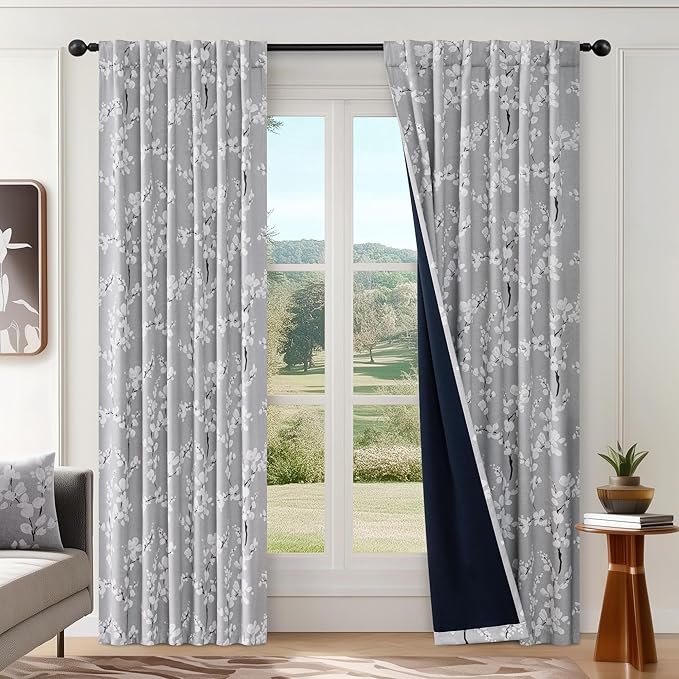FMFUNCTEX 100% Blackout Floral Curtains for Bedroom, Grey Curtains 84 inch Length Blossom Flower Patterned for Living Room,Thermal Insulated Drapes Farmhouse, Rod Pocket 2 Panels (White on Grey)