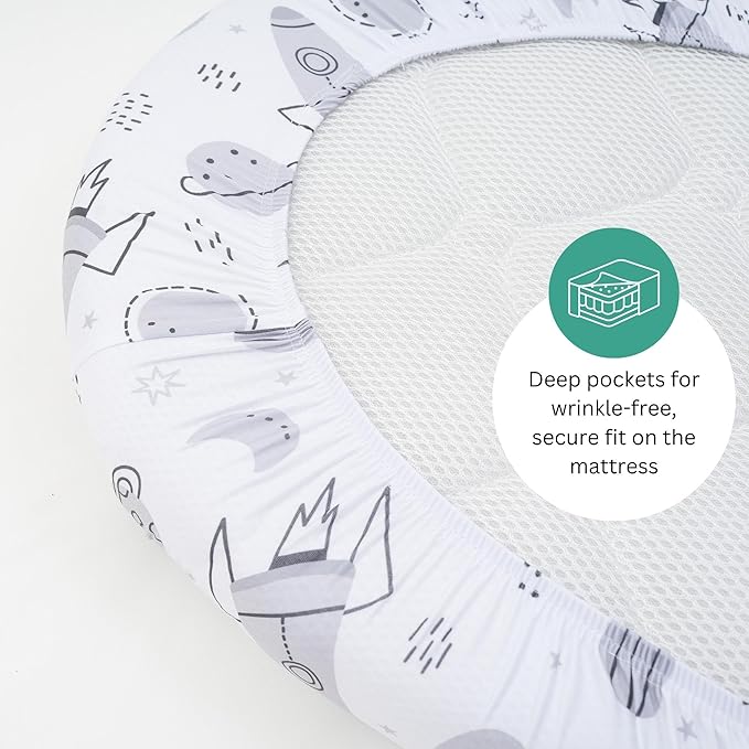 Bassinet Sheets for Papablic, CoZee, Cowiewie, Ezebaby, Nawahev Baby Bassinet Bedside Sleeper by TansyPanda, 3PC, 33x20, Ultra Soft, Breathable Snug Fit, Unisex Boys Girls, Gray White (Space Rockets)