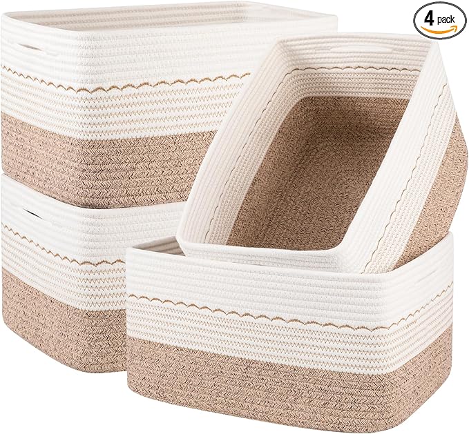 4 Pack Storage Baskets for Organizing, 15.75''x11.8''x7.87'', Decorative Cotton Rope Baskets for Shelves, Small Woven Basket for Toys, Books and Towels, Brown&White