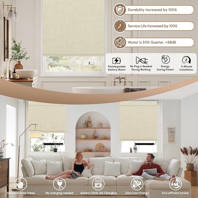 Kincmo No Drill Motorized Blinds with Remote, 100% Blackout Roller Shades for Windows, Custom Electric Blinds Compatible with Alexa, Apple Homekit, Google Home (100% Blackout Dual Sided Beige)