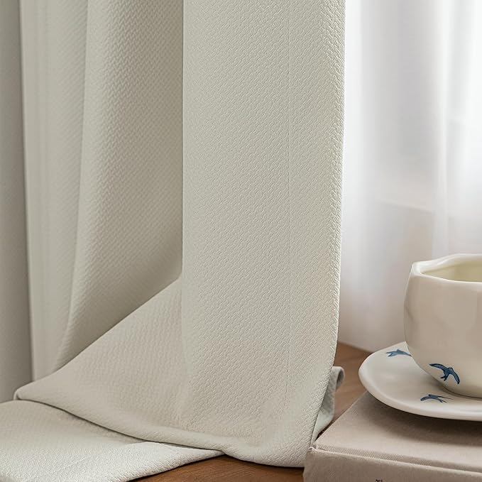 FMFUNCTEX 100% Blackout Curtains for Bedroom, Beige Curtains 84 Inches Long Textured Thermal Insulated Curtains for Living Room Drapes, Black Out Drapery Grommet Room Darkening 2 Panels, 40" W x 84" L
