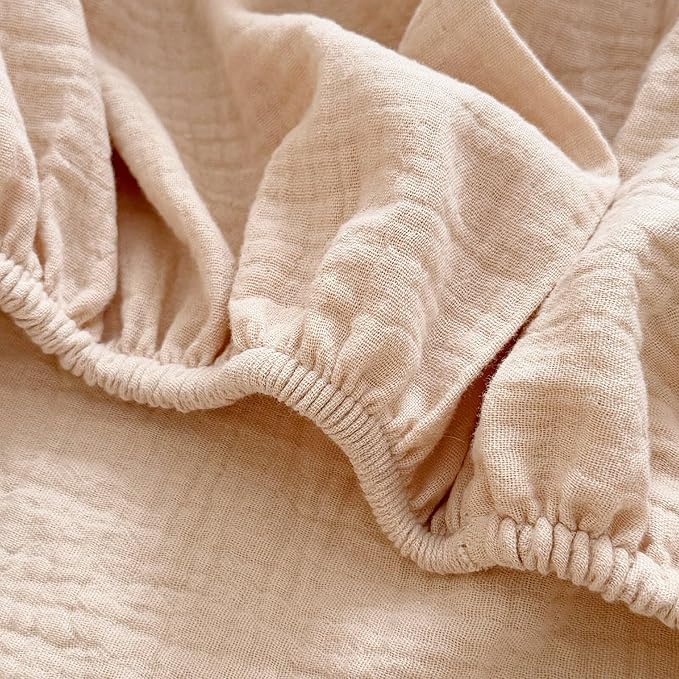 BuLuTu Muslin Mini Crib Sheets 38"x26", 2 Pack, Soft Breathable 2-Layers Gauze Cotton Baby Crib Mattress Sheets, Pack and Play Mattress Sheets Fitted for Pack N Play, Beige & Pink