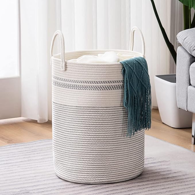 YOUDENOVA Woven Rope Laundry Hamper Basket, 58L Tall Luandry Basket, Baby Nursery Hamper for Blanket Storage, Clothes Hamper for Laundry in Bedroom-Large-Stripe White