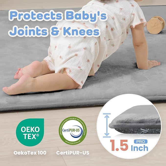 1.5" Thick Baby Play Mat for Floor, 50x50 Playpen Mat, Pro Soft Flannel Foam Mats Toddler Infant Kids Crawling for Nursery Rug Playroom Living Room Waterproof Easy Care Non-Slip (Dark Grey)