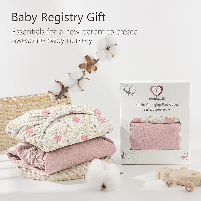 Bearmoss Changing Pad Cover, 2 Pack Muslin [100% Cotton] Diaper Changing Table Covers, 32'' x 16'' Soft Breathable Changing Pad Sheets for Unisex Baby Girls and Boys with Strap Holes (Pinkfloral)