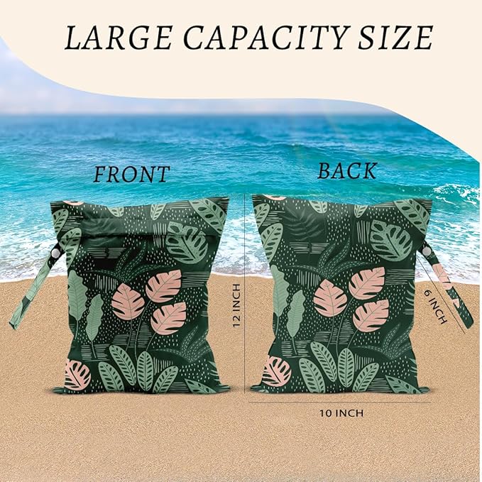 Plant Wet Bags 12x10 Inch, Summer Waterproof Wet Dry Bags, Palm Leaves Reusable Washable Travel Laundry Bag for Swimsuit Beach Diapers Dirty Yoga Gym Clothes, Plant Gifts for Women Friend Travelers