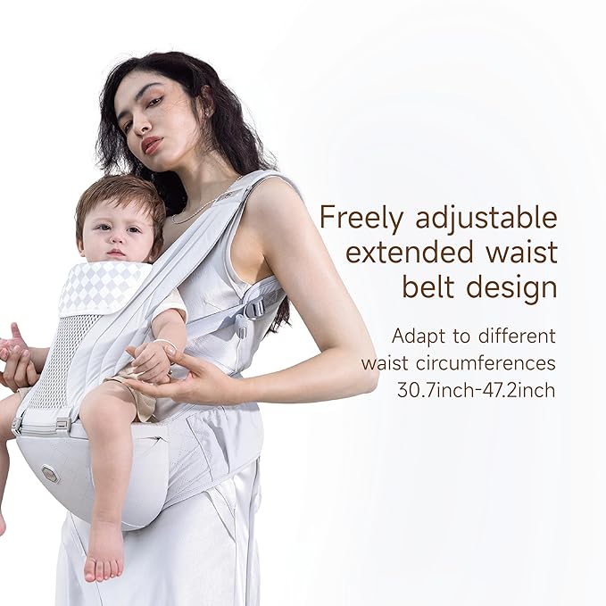 HBR Baby Carrier with Hip Seat, 2-in-1 Ergonomic Front Facing Toddler Carrier, Breathable Mesh, Air-Padded Shoulder Straps & Reflective Back Support, Fits Waists up to 47 Inches, Silve Mist White