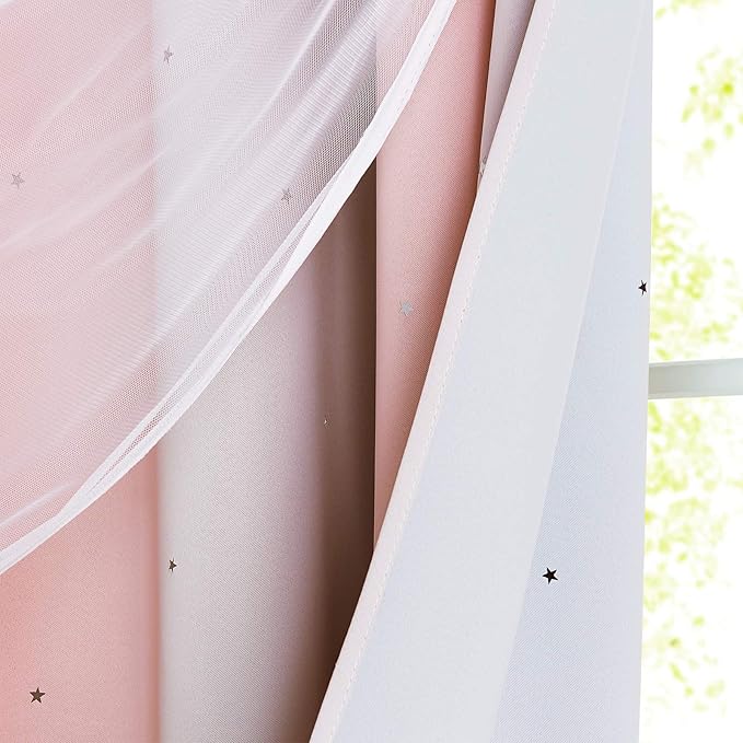 NICETOWN 2 Panels Stars Blackout Curtains for Bedroom Girls Kids Baby Window Decoration Double Layer Star Cut Out Aesthetic Living Room Decor Wall Home Curtain, W34 x L84 Inches, Pink & Grey