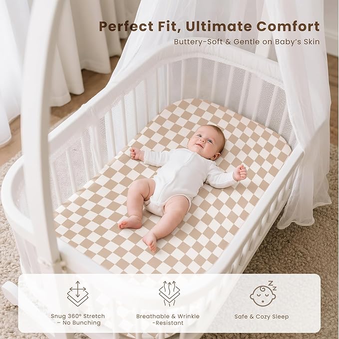 Konssy 3 Pack Stretchy Bassinet Sheets for Baby Girl Boy, Soft Breathable Baby Bassinet Mattress Sheets Fit for Hourglass Oval Cradle, Moses Basket Rectangle Mattress (Coffee Check)