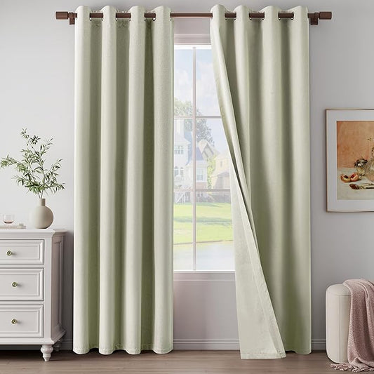 100% Blackout Linen Textured Curtains 80 Inch Length 2 Panels Set for Living Room, Bedroom, Light Weight Curtains with Grommets Top, Full Blackout Curtains Privacy Protection, Beige, 52" W x 80" L