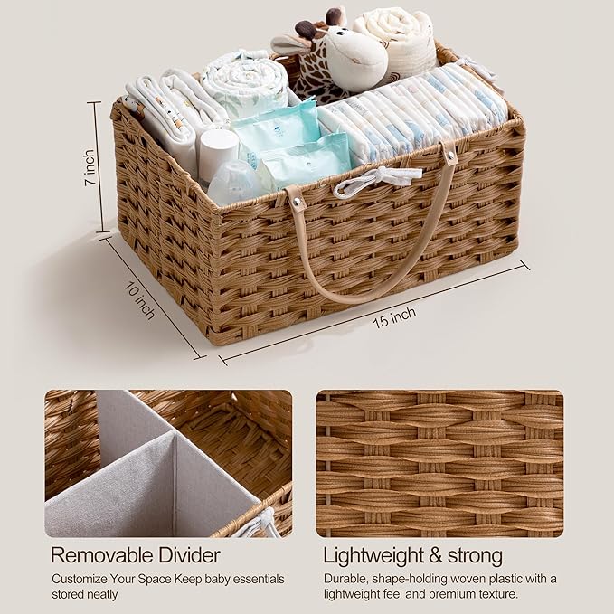 HBlife Large Diaper Caddy Organizer, Washable Waterproof, Portable Plastic Wicker Woven Basket with Divider, Nursery Diaper Station, Baby Shower Gifts Basket & Car Organizer
