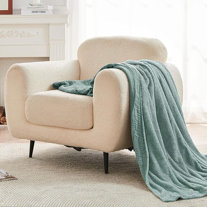 EMME Muslin and Fleece Throw Blanket Reversible - 50"*60" Teal Soft Warm Throw Blankets for Couch Bed Picnic Travel Bed