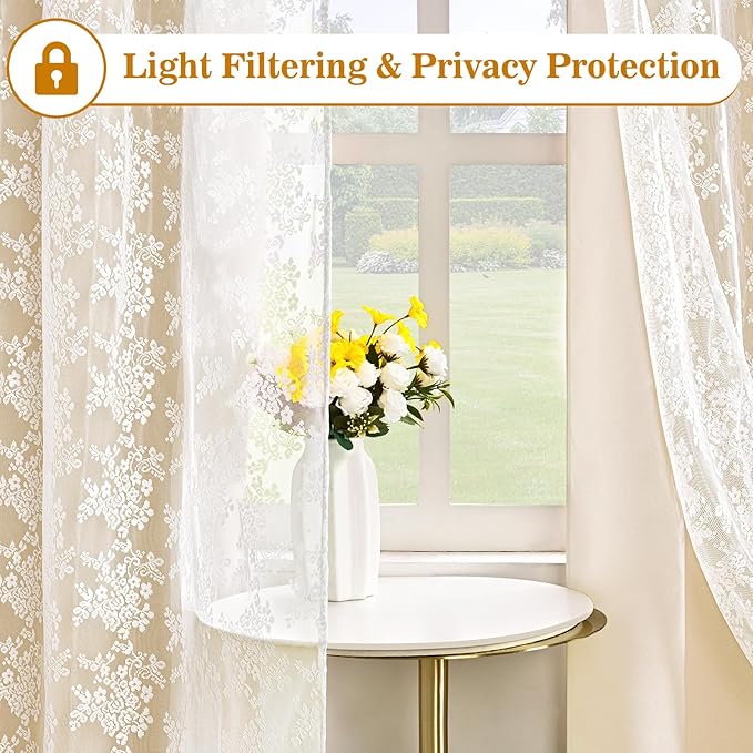 Yinhua Beige Kitchen Curtains 36 Inch Length Double Layer Blackout Cafe Curtains with Floral Sheer Overlay Rod Pocket Short Curtain for Windows, Small Window Curtain for Bathroom Living Room, 2 Panels