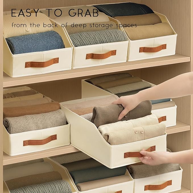 Fabric Storage Bins for Organizing - 6 Pack Large Trapezoid Collapsible Storage Bins with Front Handle, Closet Organizers and Storage for Bedroom, Home Shelves, Small Spaces, Beige