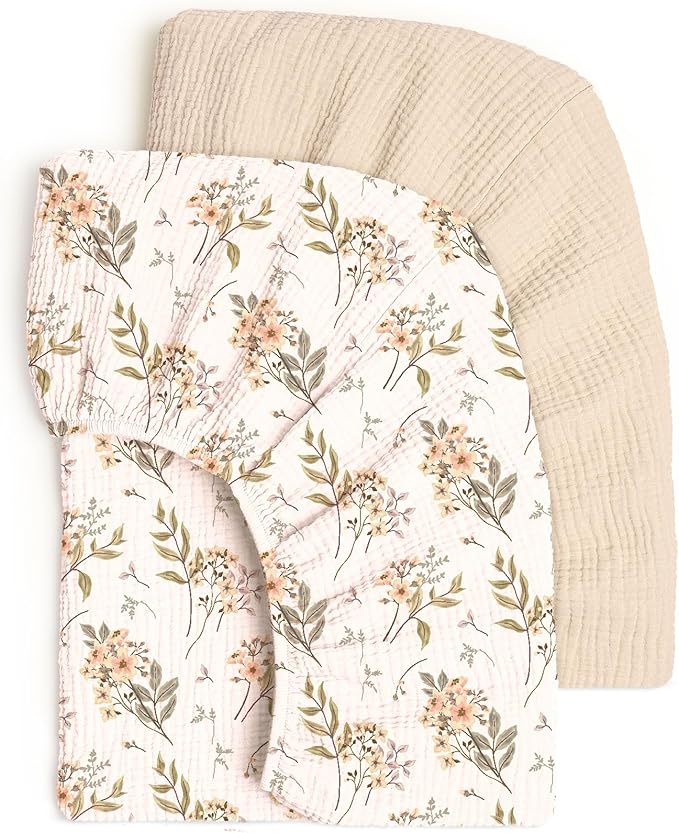 lulumoon Fitted Crib Sheets 2-Pack: Soft Muslin Cotton for Standard Crib - Boho Floral Print for Baby Girls Nursery Bedding & Gift