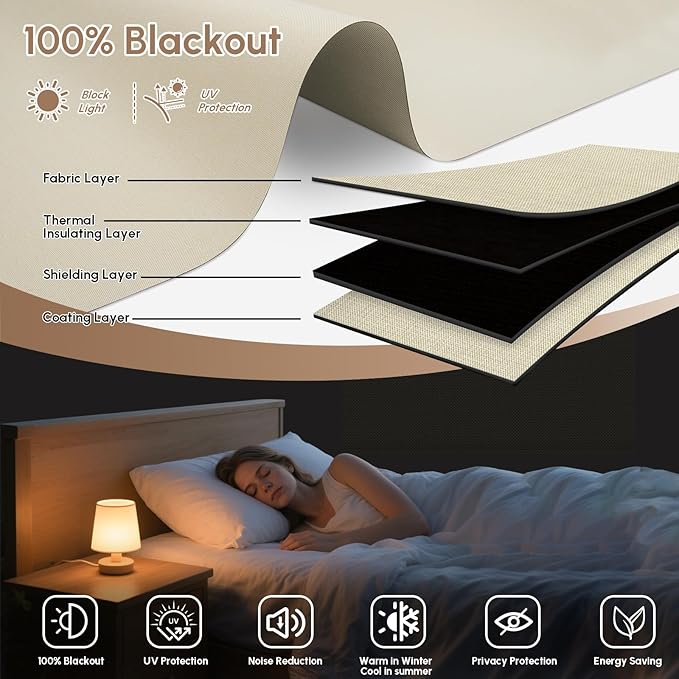 Kincmo No Drill Motorized Blinds with Remote, 100% Blackout Roller Shades for Windows, Custom Electric Blinds Compatible with Alexa, Apple Homekit, Google Home (100% Blackout Dual Sided Beige)