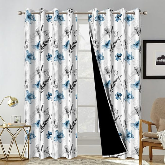 Watercolor Blue Floral Blackout Curtains for Living Room and Bedroom, Grommet Light Filtering Black Out Window Curtains 84 Inch Long 2 Panel Sets, Room Darkening Thermal Curtains for Winter Insulated