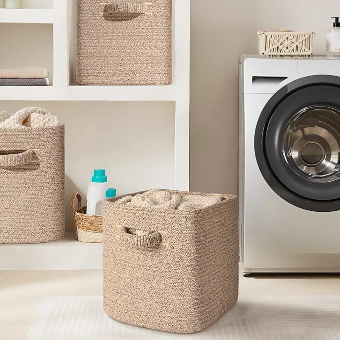 11 Inch Storage Cubes, 3 Pack Cube Storage Bins for Organizing, Cotton Rope Woven Baskets for Shelves, Bathroom, Kids Room, Closets, Baby Nursery