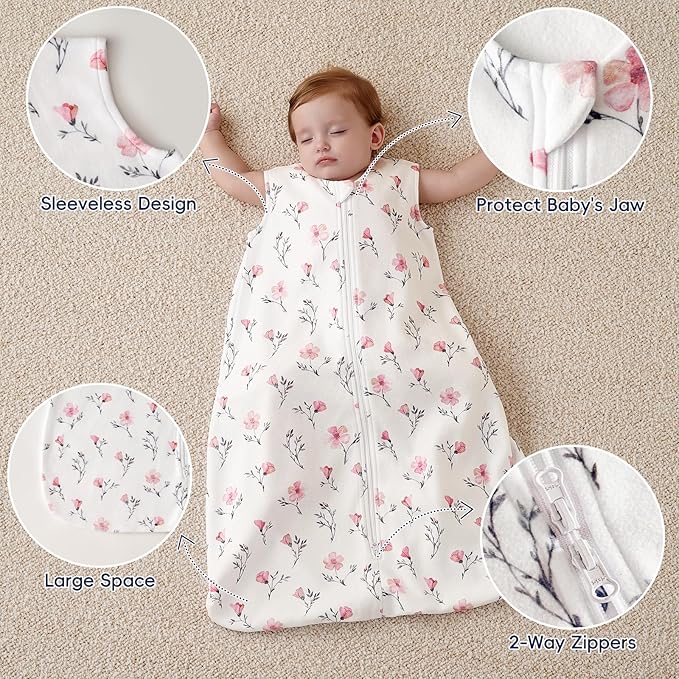 PHF 3 Pack Warm Micro-Fleece Baby Sleep Sack 6-12 Months, Soft Baby Wearable Blanket, 2-Way Zipper Sleeping Bags, Comfy Toddler Sleeping Sack for Girls, Medium Size, Floral