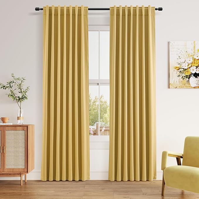 Guken 100% Blackout Curtains 80 Inch Length 2 Panels Set for Living Room Bedroom Back Tab Thermal Insulated Black Out Linen Drapes Room Darkening Window Curtains 80 Inches Long,Gold