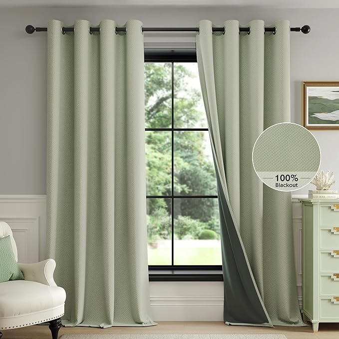 FMFUNCTEX 100% Blackout Curtains for Bedroom, Sage Green Geometric Weave Curtains 72 Inches Long Textured Thermal Insulated Curtain for Living Room, Black Out Drapery Grommet 2 Panels