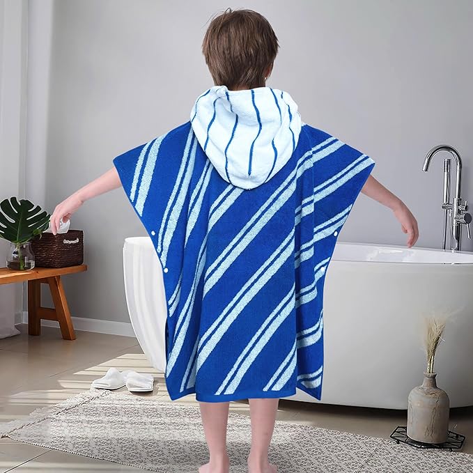 VOOVA & MOVAS Kids Hooded Poncho Towels (4-8Years,27.5"x27.5"),100% Cotton Soft Absorbent Towel for Boys,Perfect for Bathroom | Pool | Beach | Swimming, Jacquard Blue Stripe