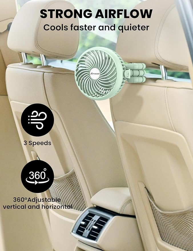 AMACOOL Baby Stroller Fan - 5000mAh Rechargeable, 3-Speed, Strong Yet Quiet, 360°Rotate Portable Clip on Fan for Travel, Car Seat, Crib, Bike, Treadmill, Beach Vacation Essentials