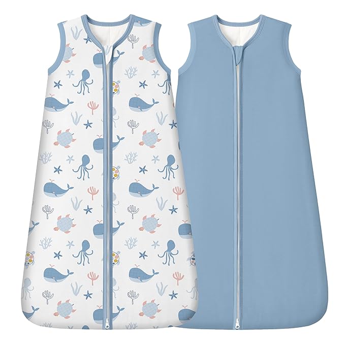 FIEMOL Rayon Made from Bamboo Baby Sleep Sack 0-6 Months, 1.0 Tog Baby Wearable Blanket, Soft Sleeping Bag for Newborn Infant Babies with 2-Way Zipper 2 Pack (Small) Blue Whale