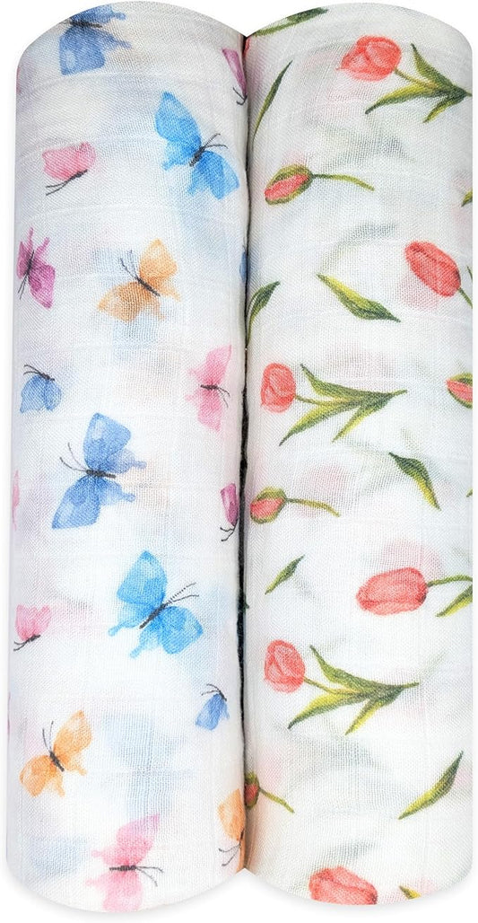 Muslin Swaddle Blankets, Soft Breathable Cozy Baby Blankets for Newborn Boys and Girls, 47” X 47“, 2 Pack Receiving Swaddles, 70% Viscose from Bamboo 30% Cotton (Garden Grace)