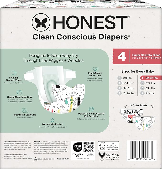 The Honest Company Comfort Dry Disposable Diapers for Sensitive Skin, Hypoallergenic, Fragrance-Free, Space Travel + Big Trucks, Club Box, Size 4 (22-37 lbs), 54 Count
