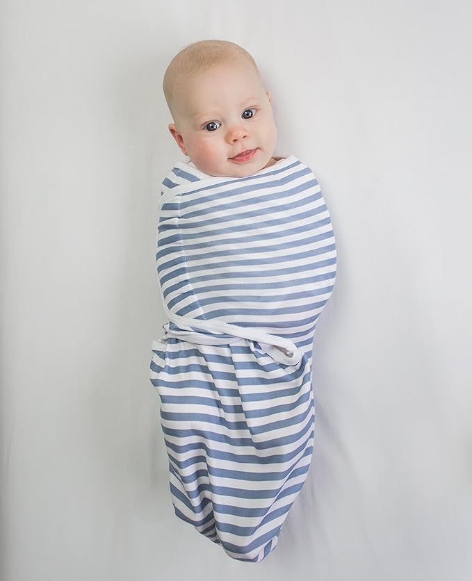 Amazing Baby Swaddle Blanket with Adjustable Wrap, Set of 3, Tiny Anchors, Stripes and Solid, Denim and Gray, Small