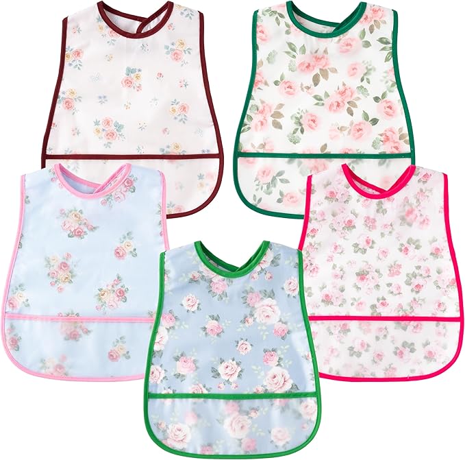 R HORSE 5Pcs Baby Bibs Set Toddler Bibs with Crumb Catcher Pocket & Snap Button Waterproof Baby Feeding Bibs for 6-24 Months