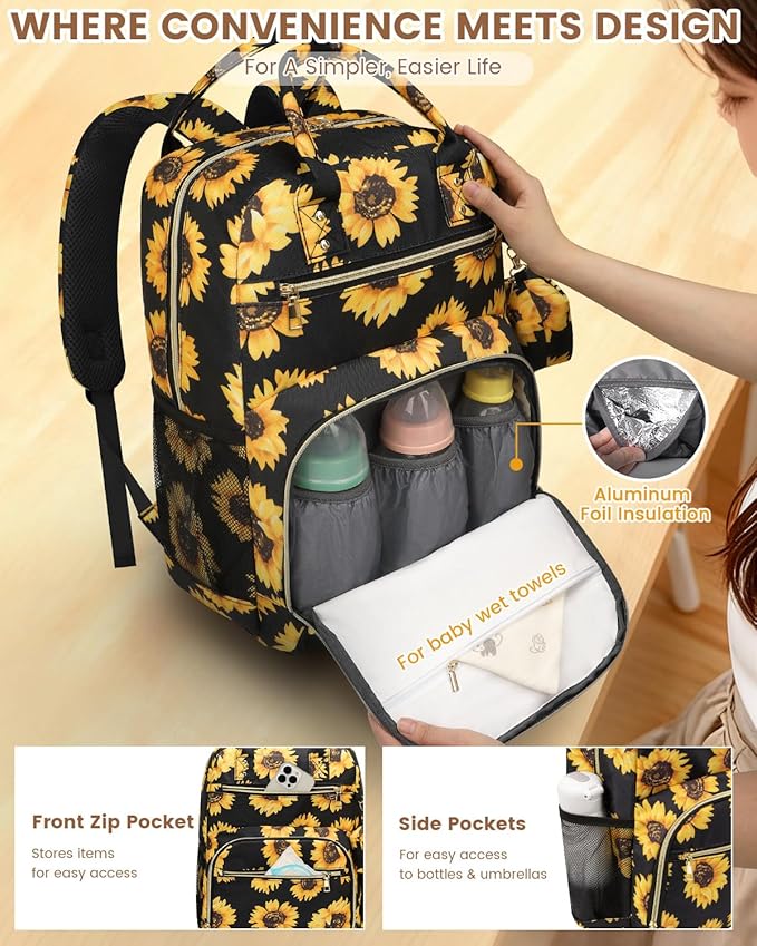 Diaper Bag Backpack,Baby Essentials Diapers Bag with Pacifier Case,Multipurpose Stylish Large Capacity Travel Backpack for Baby Girl/Boy(M-Sunflower)