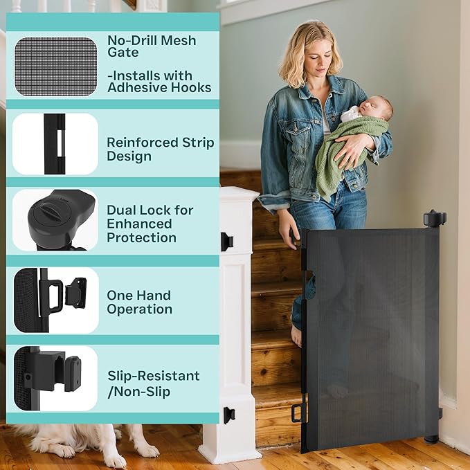 Retractable Baby Gate,Mesh Baby Gate or Mesh Dog Gate,34" Tall,Extends up to 55" Wide,Child Safety Gate for Doorways, Stairs, Hallways, Indoor or Outdoor