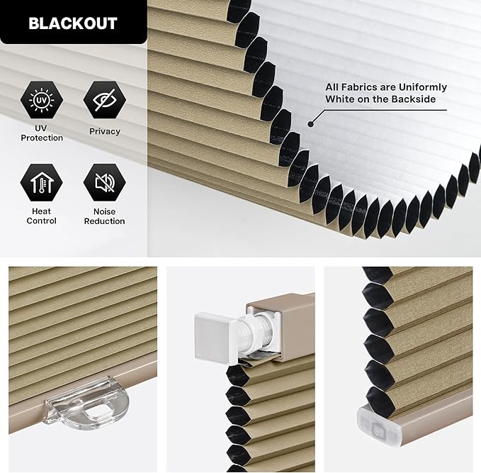 LazBlinds Cordless Cellular Shades, No Tools No Drill Blackout Honeycomb Shades Pleated Blinds for Windows, 44'' W x 48'' H, Taupe